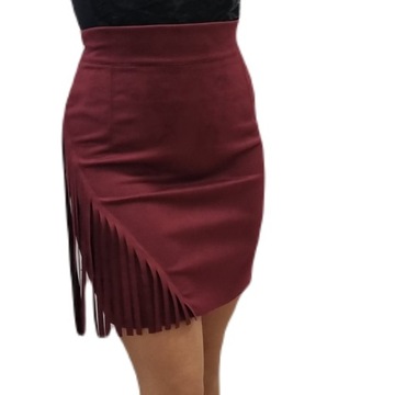 Замшевая юбка бордового цвета с бахромой, 50 см, бохо, размер 36.