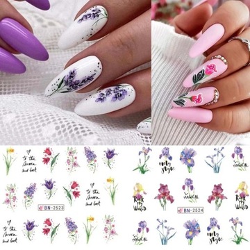 ВОДНЫЕ НАКЛЕЙКИ для украшения ногтей, лист из 12 рисунков, цветы, летние украшения