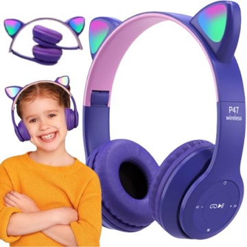 SŁUCHAWKI DLA DZIECI BLUETOOTH KOCIE USZY KOT LED RGB NAUSZNE MIKROFON GIFT
