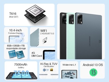 Планшет DOOGEE T20S, 15 ГБ/128 ГБ, 10,4 дюйма, 2K, Android 13, 7500 мАч, GPS, OTG, SIM-карта