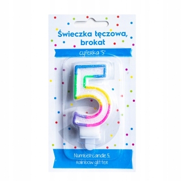 CYFRA 5 ŚWIECZKA URODZINY TORT PIĘĆ TĘCZA BROKAT