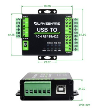 Промышленный преобразователь USB в 4-канальный RS485/422