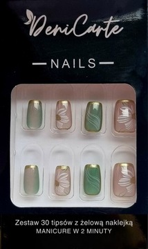 Paznokcie Sztuczne Tipsy Nude Zielone Białe Kwiaty Green Flowers 30 sztuk
