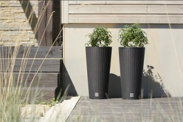 УЛИЧНЫЙ ЦВЕТОЧНЫЙ ГОРШОК ИЗ РОТАНГА, АНТРАЦИТОВЫЙ, СО ВСТАВКОЙ, ВЫСОКАЯ КРЫШКА