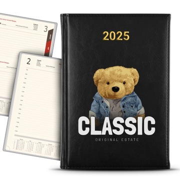 KALENDARZ 2025 CZARNY Planer Terminarz Klasyczne Misie Pluszowe Wzory