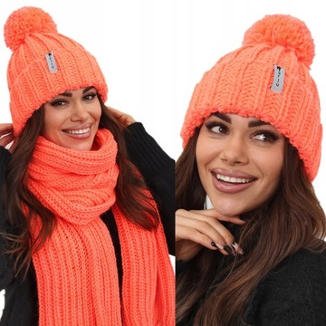 KOMPLET CZAPKA SZALIK CIEPŁY POMARAŃCZ NEON 2491
