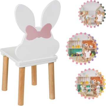 Krzesło dla dzieci Królik drewniane, białe - 60 cm, z kokardą róż