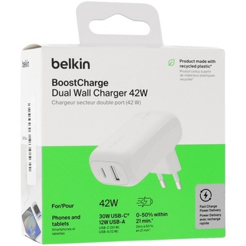 Belkin - Угловое настенное зарядное устройство, USB-C PD 3.1 PPS 3A 30 Вт / USB-A 12 Вт