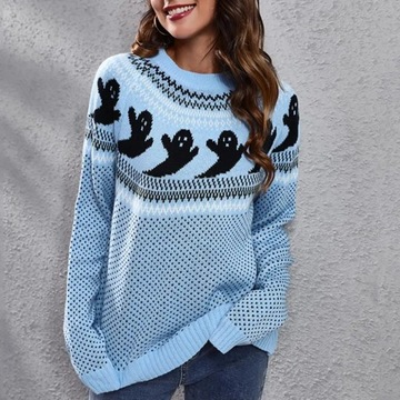 Cartoon Ghost Print Sweater Cozy Halloween Style S