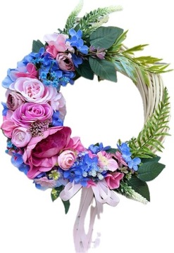 WIANEK KWIATOWY NA DRZWI WIOSENNY WIENIEC WIKLINOWY RÓŻOWY NIEBIESKI