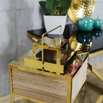 Duża złota latarnia lampion chrom+drewno 2w1 68cm