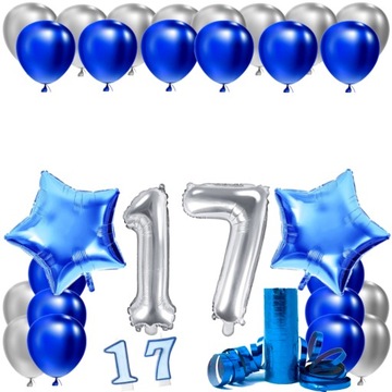 ZESTAW BALONY NA 17 URODZINY LAT NIEBIESKI 17 ROCZNICA ŚLUBU 100 CM