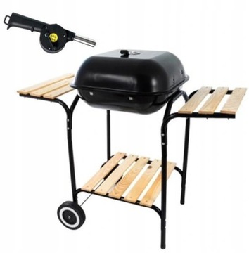 GRILL WĘGLOWY OGRODOWY Z PÓŁKAMI POKRYWA 43 x 40 cm NA KÓŁKACH + DMUCHAWA