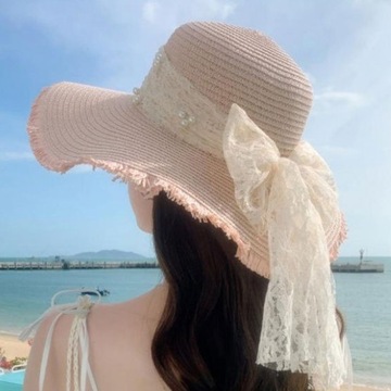 Women Straw Hat Lace Bow Faux Pearl Decor Beach Sun Hat Wide