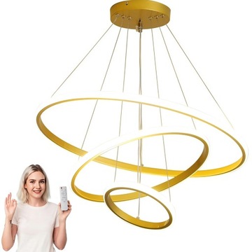 LAMPA SUFITOWA 3 LED RING WISZĄCA ŻYRANDOL KRĘGI + PILOT ZŁOTA PILOT 72W