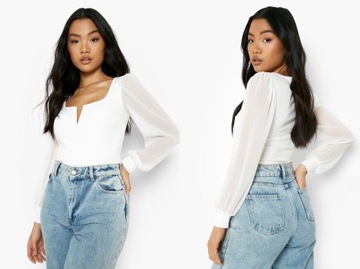 Boohoo Petite Białe body z szyfonowym rękawem 42
