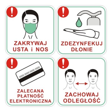 4 Naklejki - maseczka dezynfekcja odstęp karta