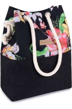 Torebka damska shopper czarna torba worek na ramię pojemna w kwiaty ZAGATTO