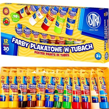 FARBY PLAKATOWE SZKOLNE ASTRA W TUBACH 12 KOLORÓW