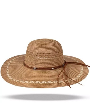 Duży damski kapelusz szerokie rondo ażur rzemyk (Brązowy)