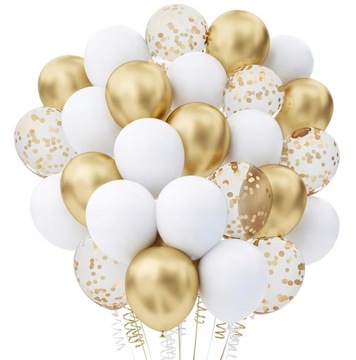 ZESTAW BALONÓW BIAŁO ZŁOTYCH Z KONFETT DUŻE BALONY NA ŚLUB URODZINY 25szt