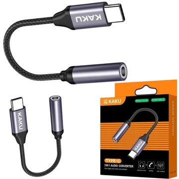 Adapter Słuchawkowy USB Typ C na mini Jack 3,5mm CZARNY 12cm WYTRZYMAŁY