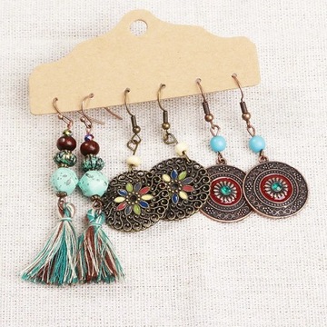 LATS Boho Этнический серебряный комплект серег для женщин в винтажном стиле с деревянной кисточкой