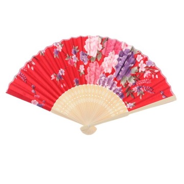 Hand Held Floral Fan Women Silk Fabric Folding Red