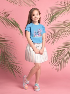 T-SHIRT NIEBIESKI DLA DZIECKA STITCH I SIMBA NA PLAŻY PREZENT 140 146