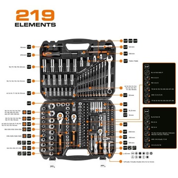 НАБОР ТОРЦЕВЫХ КЛЮЧЕЙ NEO 1/2 дюйма 3/8 дюйма 1/4 дюйма 219 шт. CRV ПЛОСКИЕ ТОРЦОВЫЕ КЛЮЧИ TORX