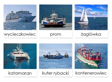 KARTY trójdzielne edukacyjne TRANSPORT WODNY statki 20 kart