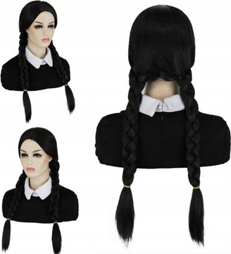 Peruka Wednesday Addams Czarna Błyszcząca Upięta w Warkocze Wyjątkowy Styl