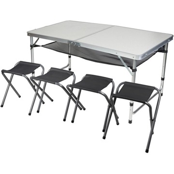 STOLIK TURYSTYCZNY KEMPINGOWY SKŁADANY 120x60cm 3 WYSOKOŚCI 4 KRZESŁA PÓŁKA