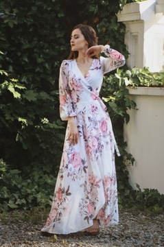 SUKIENKA NA WESELE CHRZCINY KOMUNIA LOUDRESS STELLA MAXI BIAŁA RÓŻE r. 52