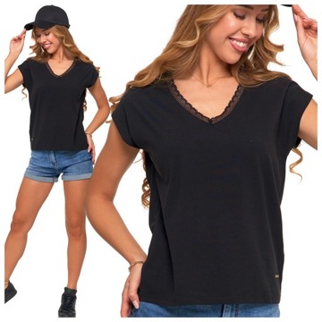 LUŹNA DAMSKA KOSZULKA CZARNA T-SHIRT BAWEŁNIANY Z KORONKĄ STYLOWA MORAJ XL
