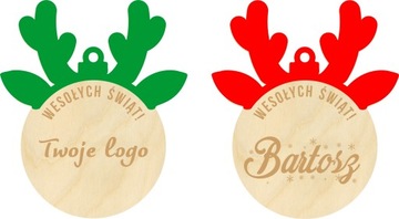 Drewniana bombka dwuwarstwowa RENIFER logo imię kolory 9,5 cm