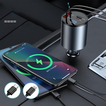 ŁADOWARKA WYSUWANA SAMOCHODOWA OBROTOWY 120W ZAPALNICZKA USB-C Z KABLE 4W1