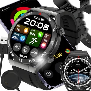 SMARTWATCH MĘSKI Z AMOLEDEM ZEGAREK ROZMOWY KOMPAS GPS NFC INDUKCJA KROKI