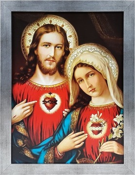 OBRAZ 45x35 SERCE JEZUSA I MARYI SREBRNA RAMA
