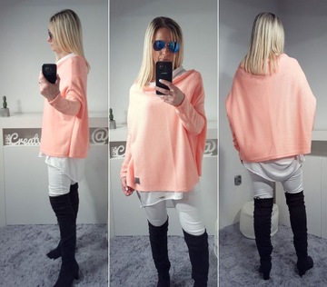 SWETEREK OVERSIZE TUNIKA SWETER WOOL ODKRYTE RAMIĘ