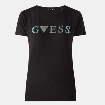 GUESS t-shirt czarny krótki rękaw bawełniany logo cyrkonie cekiny S