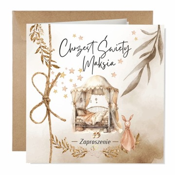 Zaproszenia na Chrzest Święty Gotowe, boho + koperta + IMIĘ + Sznurek