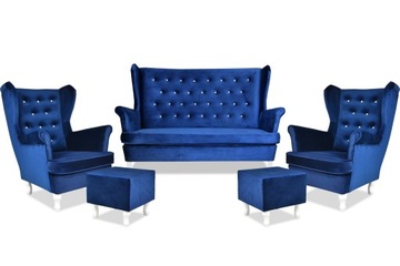 Kanapa sofa zestaw z fotelami i pufami GRANATOWY
