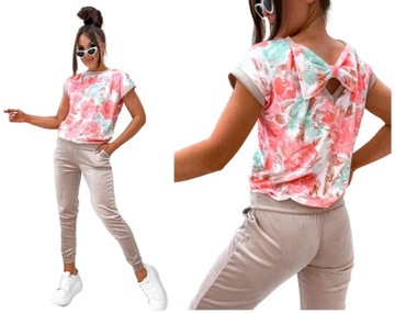 KOMPLET WELUROWY DRES DAMSKI SPODNIE BLUZKA PRINT KOLORY KWIATY S/36