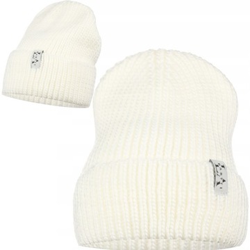 CZAPKA DAMSKA BEANIE WYWIJANA JESIEŃ ZIMA MAJKA WEŁNA 10% RÓŻOWA ECRU BEŻ