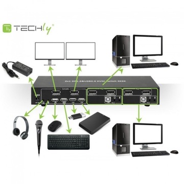 Techly 101928 KVM-переключатель 2/1 Displayport/USB