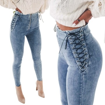 Jeansowe spodnie damskie tregginsy z wiązaniem po bokach wysoki stan ZIP S