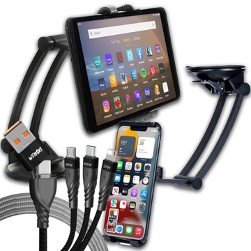 Mocny Stabilny Uchwyt Samochodowy na Telefon Tablet na Szybę +Kabel 6w1