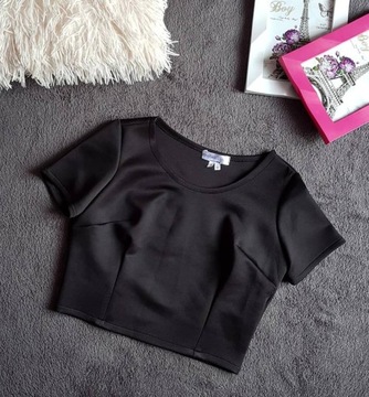 Damski CZARNY KRÓTKI TOP Topik KRÓTKA BLUZKA krótki rękaw XS/S