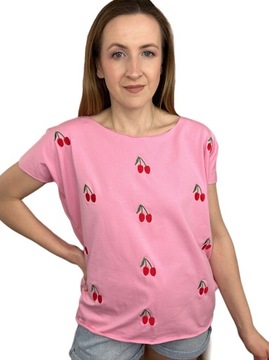 Luźna koszulka t-shirt haftowane wisienki cherry laserowo cięta S M L Fancy